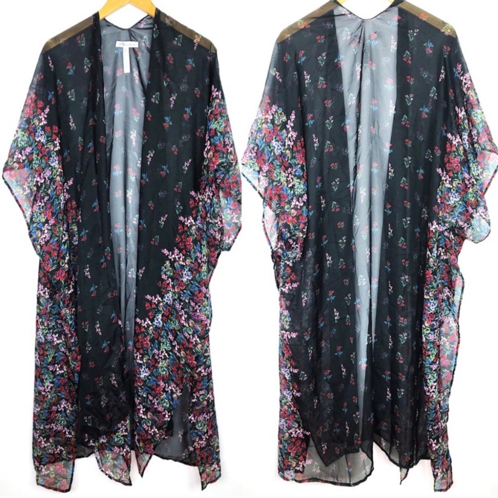 BCBGeneration Black Chiffon Floral Long Kimono